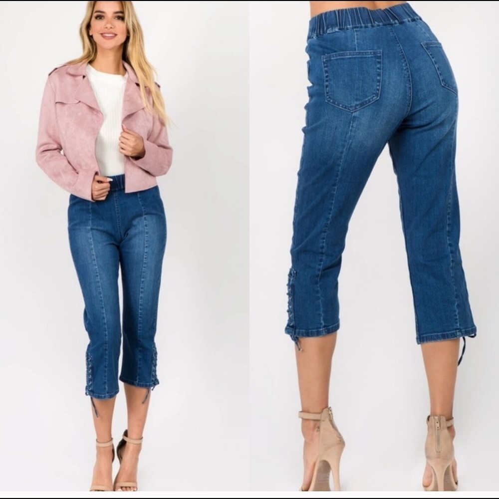 New!Clearance🔥Denim Crop Elastic Waist Stretchy Lace Up Jeans
